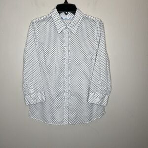 IZOD Top Women Petite Small PS Ruffle Trim Fitted Blouse White Floral Cotton